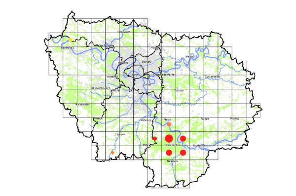 Carte de nidification du Gobemouche noir (Ficedula hypoleuca) en Île-de-France (issue de l’Atlas des oiseaux nicheurs d’Ile-de-France, 2009-2014).